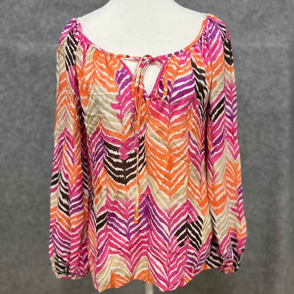 Trina Turk Silk Abstract Print Tie Neck Blouse Women's Orange Pink Purple Size S